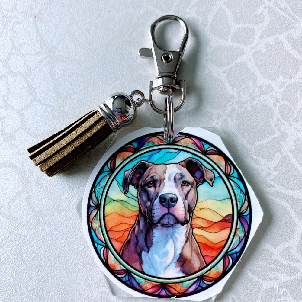 Hand Crafted Vibrant Pittbull Dog Keychain with Tassel